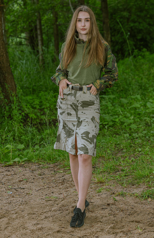 Long cotton skirt, camouflage pattern with bottle opener